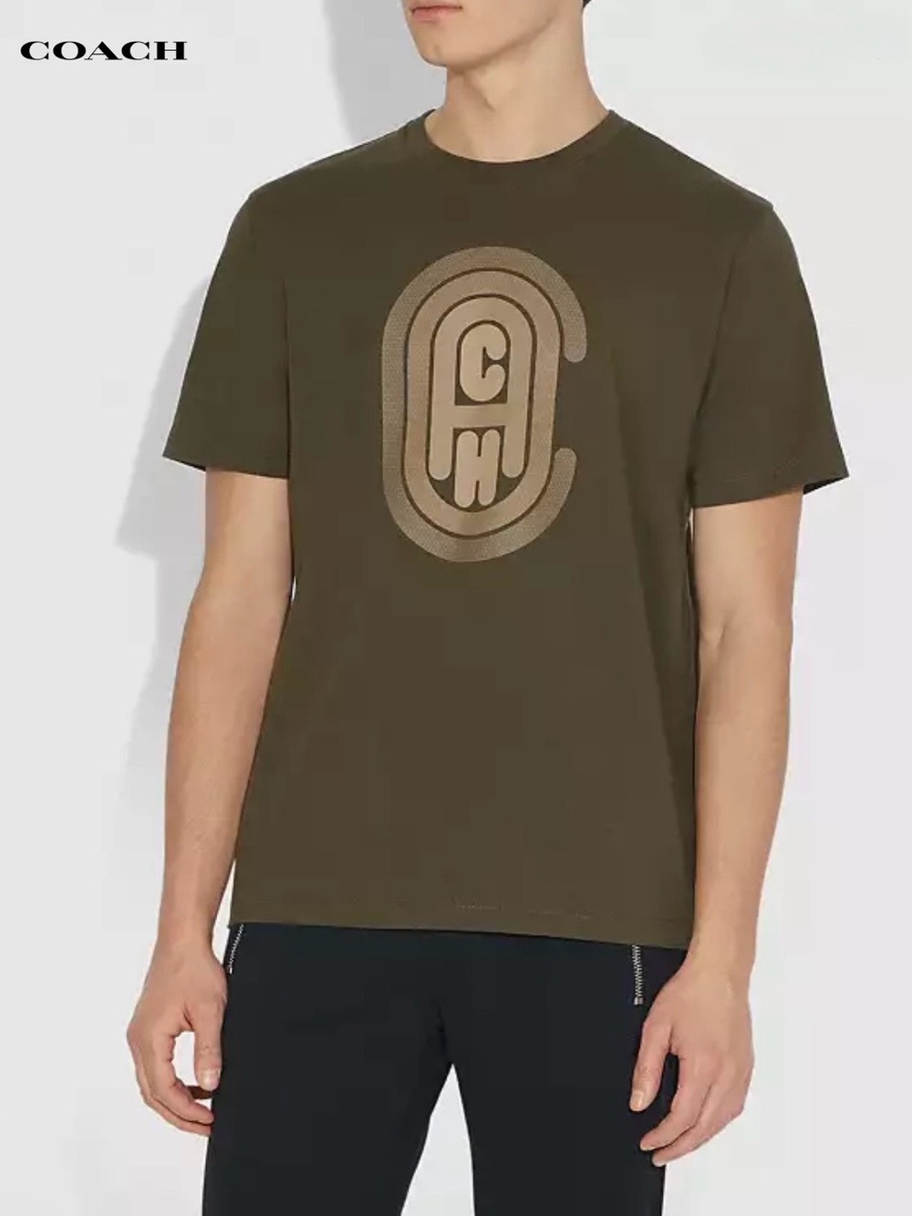 Coach Graphic Logo T-Shirt Olive Green Cotton Crew Neck Men’s Size S GUC